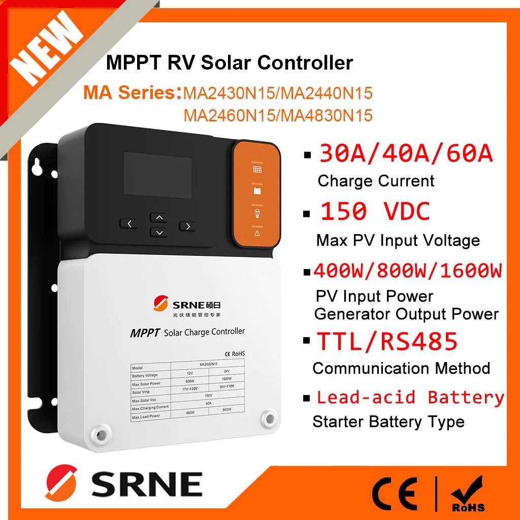 

SRNE MA Series MPPT 30A 40A 60A RV Solar Charge Controller PV Max Input 150V PV Regulator 12V 24V 36V 48V With Parallel Function