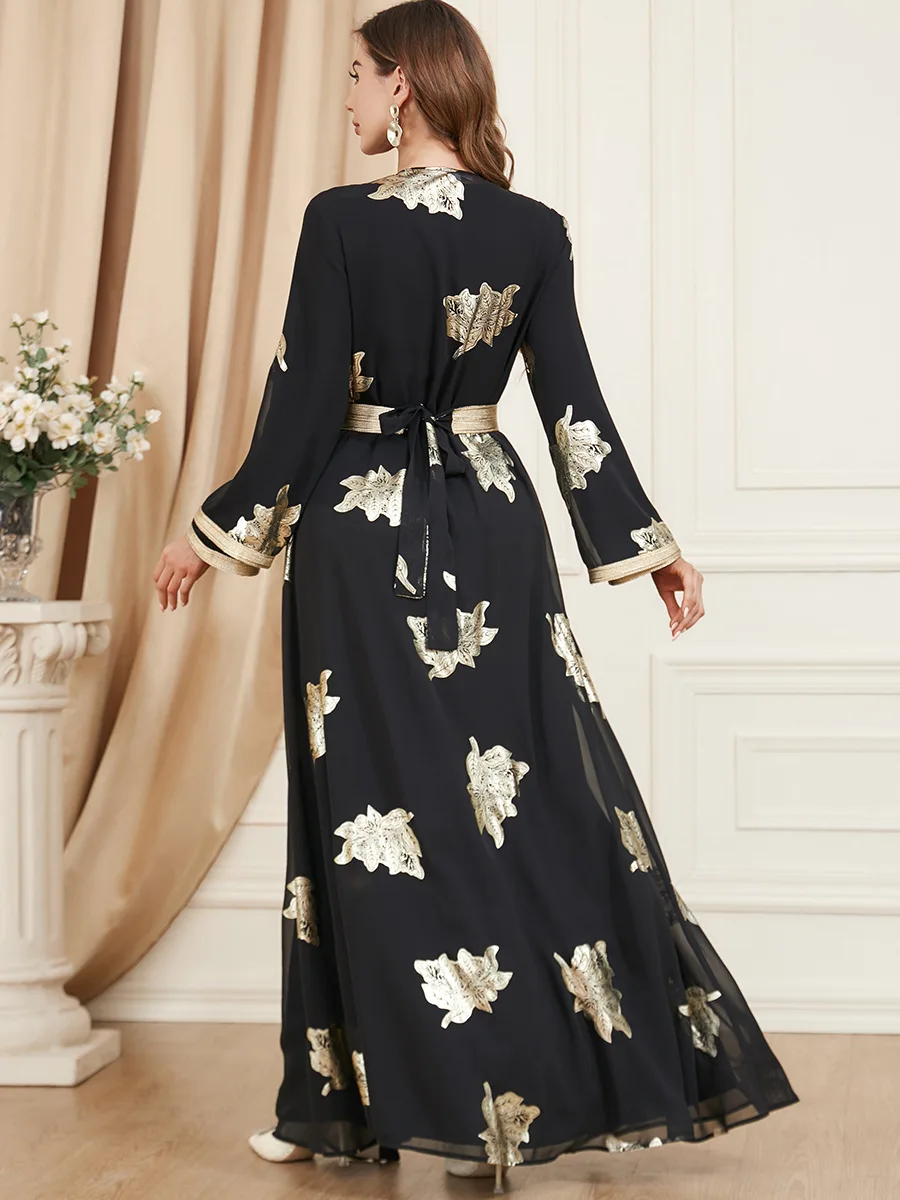 Eid Muslim Dress Abaya Women 2 Piece Set Morocco Party Dresses Ramadan Mubarak Belt Kaftan Vestidos Maxi Abayas Set Elegant Robe