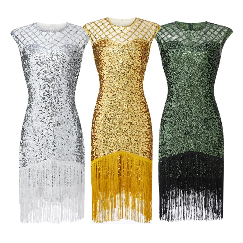 

Women's Vintage 1920s Flapper Gatsby Dress Double O-Neck Beaded Sequin Tassel Dresses Fashion Large Size Evening Midi vestidos