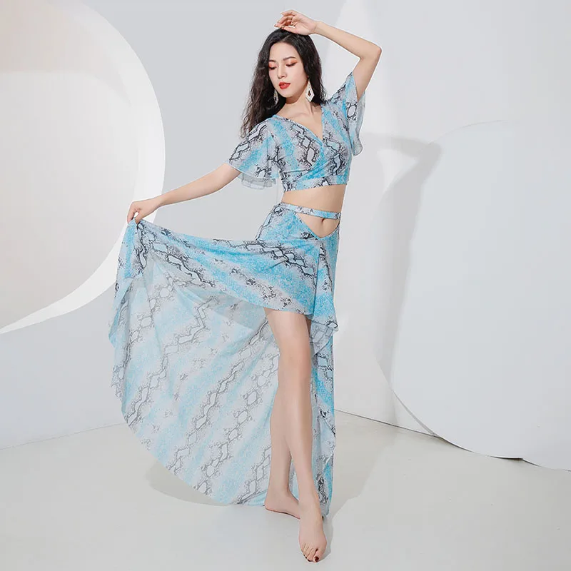 

Elegant Women Dance Clothes Tie-dyed Belly Dance Costume Set 2pcs Top and Side Slit Skirt with Ruffle Gilrs Practice Suit