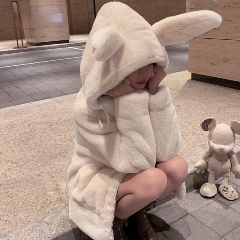 Winter Jacket Women's Zipper Overd Soft Harajuku Kawaii Hooded Rabbit Ears h Faux Cashmere Coat  Velvet Padded 2022 korean
