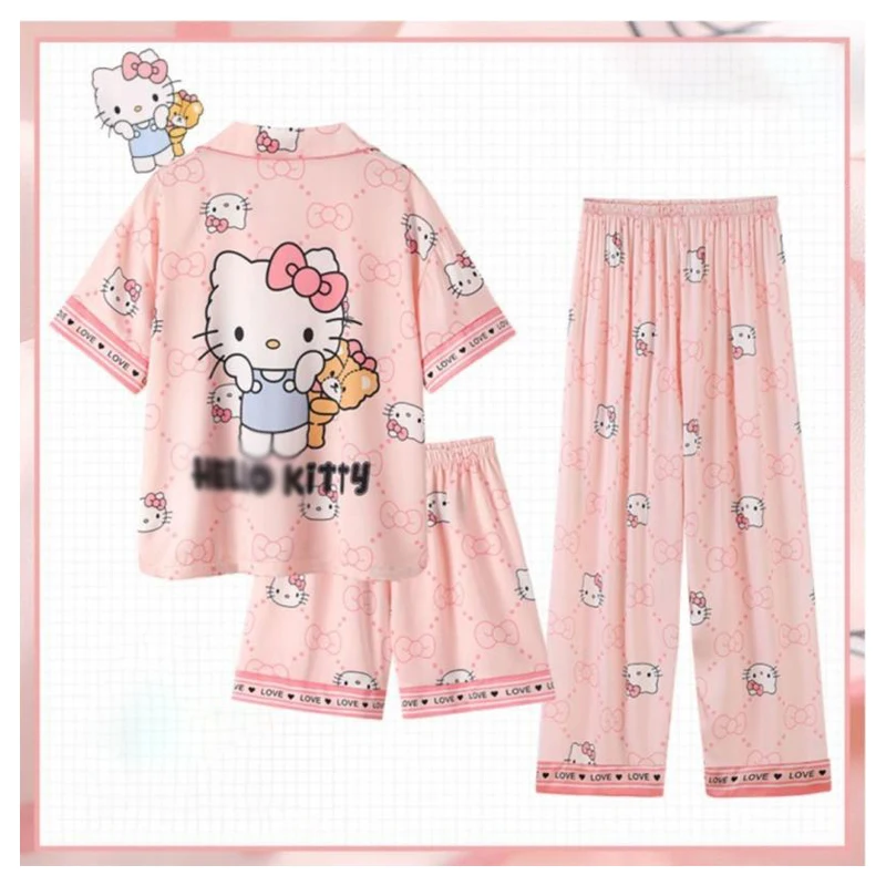 

Kawaii аниме My Melody Cinnamoroll Hello Kittys мультфильм ледяной шелк 3 шт. комплект домашней одежды Дамская пижама подарок для девушки