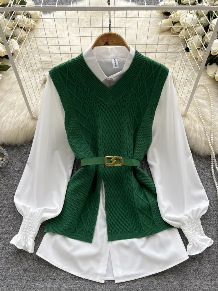 

Осенне-зимняя женская блузка в японском студенческом стиле, костюм из двух предметов, зеленая вязаная белая рубашка без рукавов с длинным р...