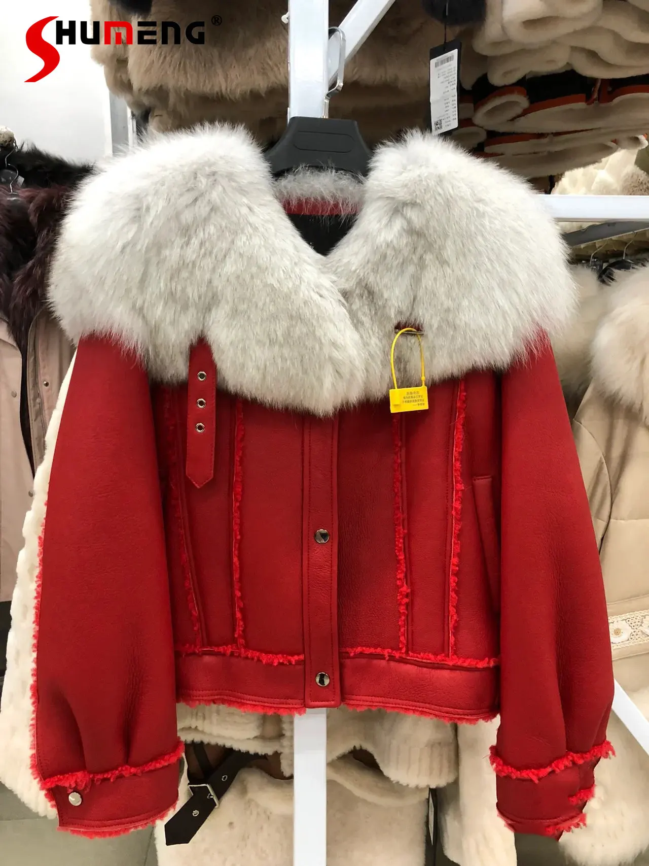 Luxury Ladies Warm Fox Fur Collar Red Fur Coat 2023 Winter New Year High -end Long Sleeve Thicken Leather Coat for Women Casual