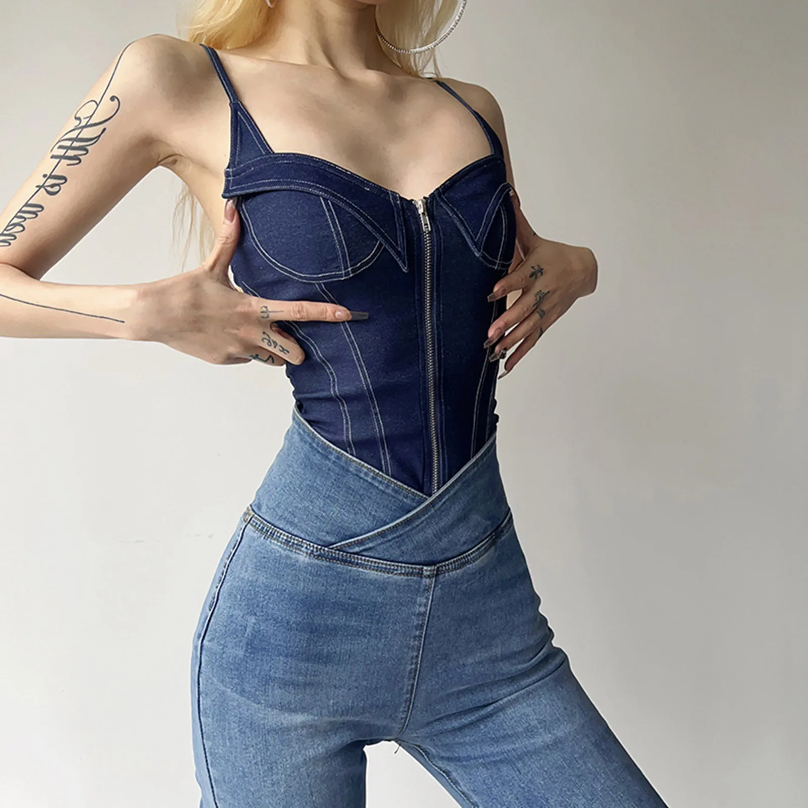 

Women's Street Style Fashion Sexy Low Neckline Halter Strapless Solid Color Slimming Thin Denim Zipped Cardigan Jumpsuit