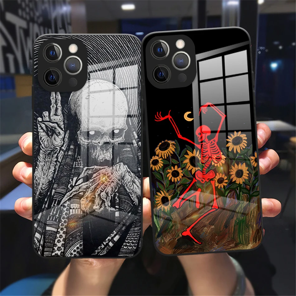 

Gothic Fashion Skull Black Tempered Glass Case for iPhone 13 11 12 pro Max XS MAX 8 7Plus X SE 2020 XR 13 12 Mini Case