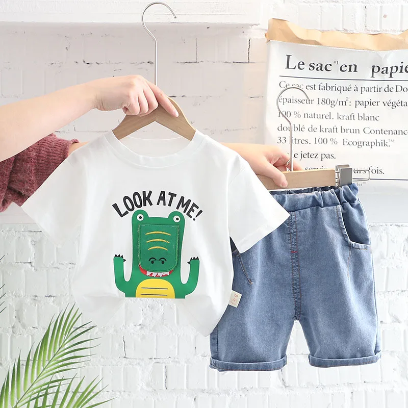 

Cartoon Dinosaur Print Baby Boys Clothing Sets Summer Comfortable O-neck Short Sleeve T-shirt Elastic Waist Denim Pants 1-4Y