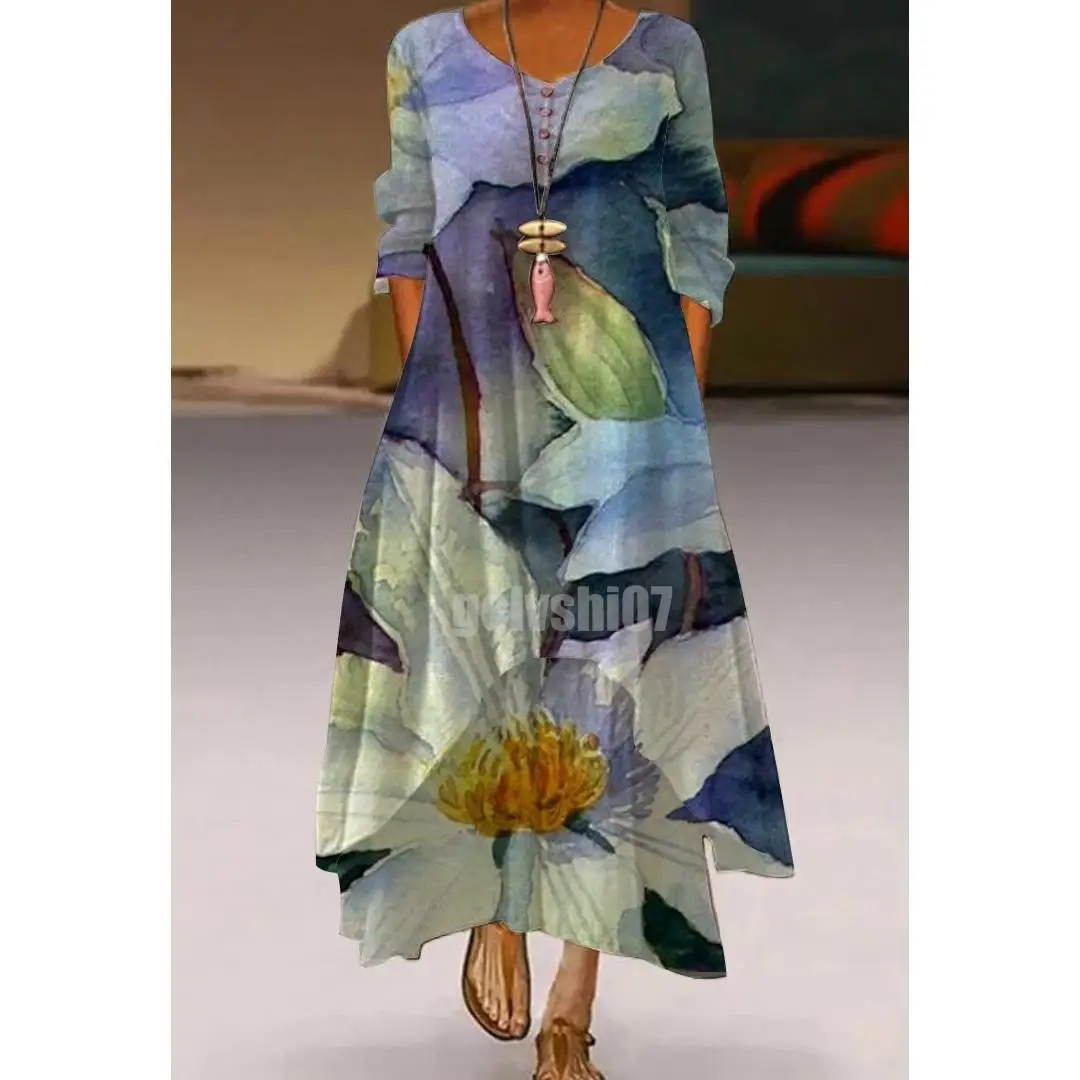 Женский сарафан свободного кроя длинный винтажный с 3D принтом в виде природных