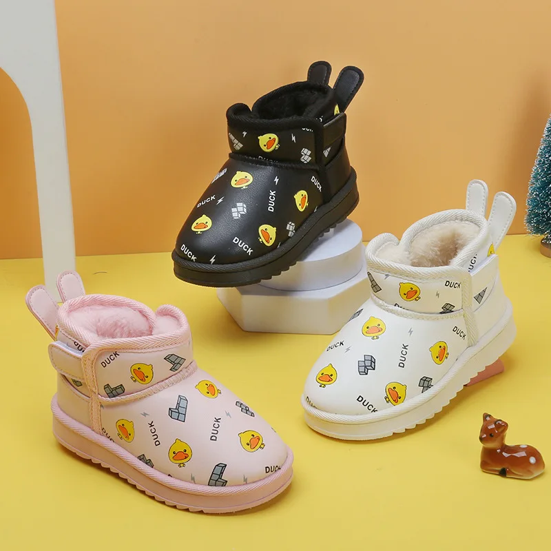 

Ботинки для девочек, милые ботильоны с мультяшным принтом утки, зимние плюшевые ботинки, уличная теплая водонепроницаемая детская хлопковая обувь для маленьких девочек и мальчиков