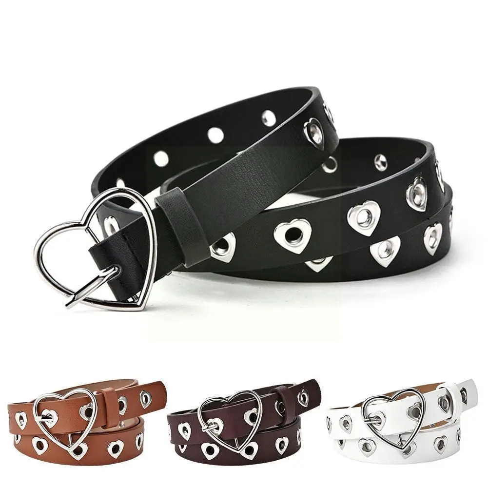 

Women Fashion Heart Buckle Belt Punk Style Willow Nail Belt Pu Leather Belt For Jeans Decorative Accessories E8e6