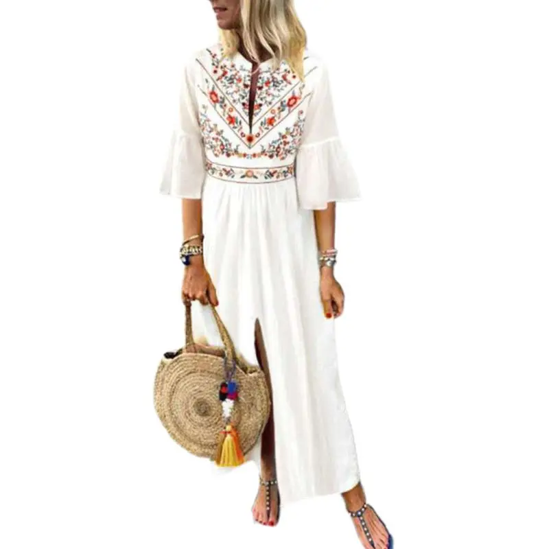 

Женское богемное длинное платье макси с рукавами-фонариками и глубоким V-образным вырезом