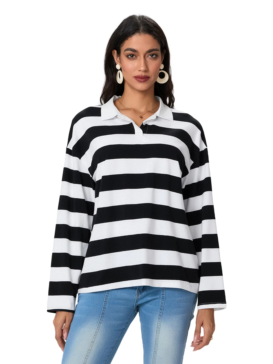 Женский пуловер с принтом в полоску Свободный свитшот длинным рукавом и отложным