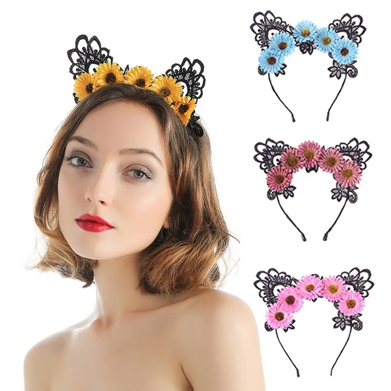 

Cute Cat Ears Headband Girls Fake Flower Hair Band Bohemia Lace Hairbands Christmas Birthday Party Kids Headwear 2022