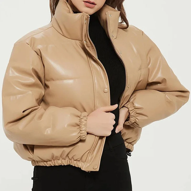 Winter Thick Women Short Parkas Warm Fashion PU Leather Coats Black Cotton Padded Female Down Jacket Elegant Zipper Clothes 2022