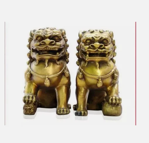 Китайский фэншуй бронзовая фигура двери-охранника Foo Dog пара статуй льва