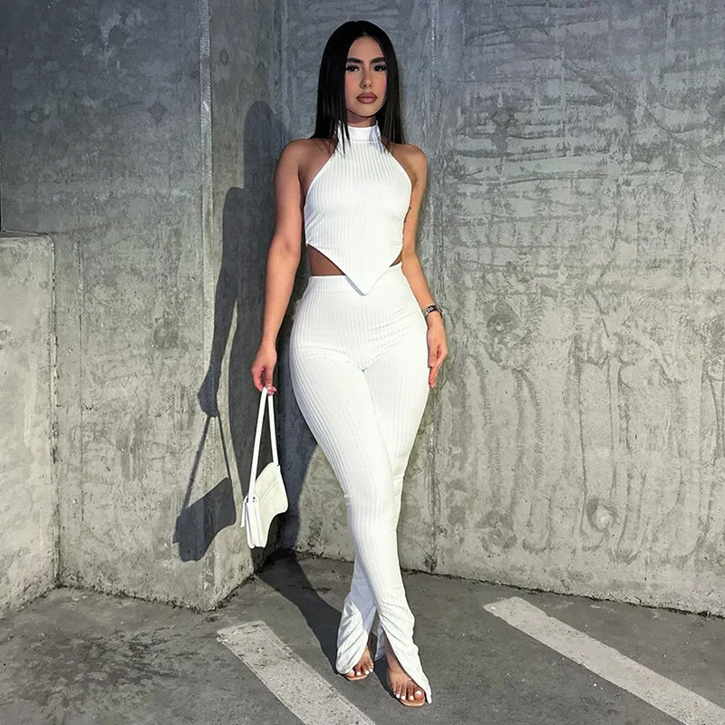 

2023 Summer New Y2K Fashion Two Piece Sets Women Outfits Sexy Solid Halterneck Crop Vest Tops Slim Bodycon Pants Casual Suits