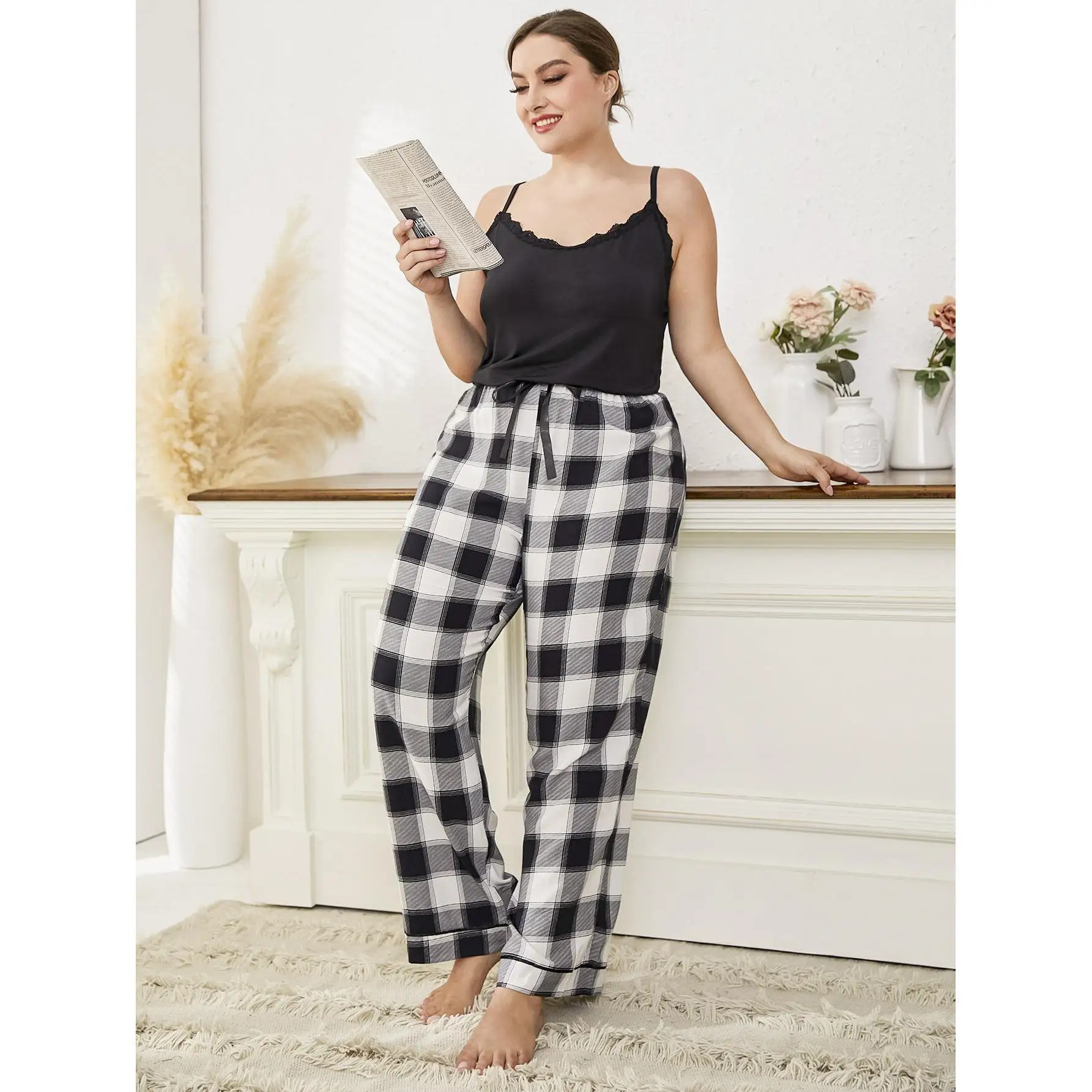 Summer V-Neck Sleepwear Suit Flounce Pullover Back T-shirt Top With Black White Plaid Female Pants Homewear Casual Wear 4XL