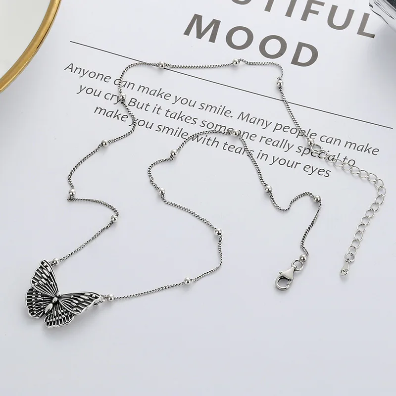 

925 Sterling Silver Butterfly Pendant Collarbone Necklace, Ins Simple Vintage Style, Women's Jewelry