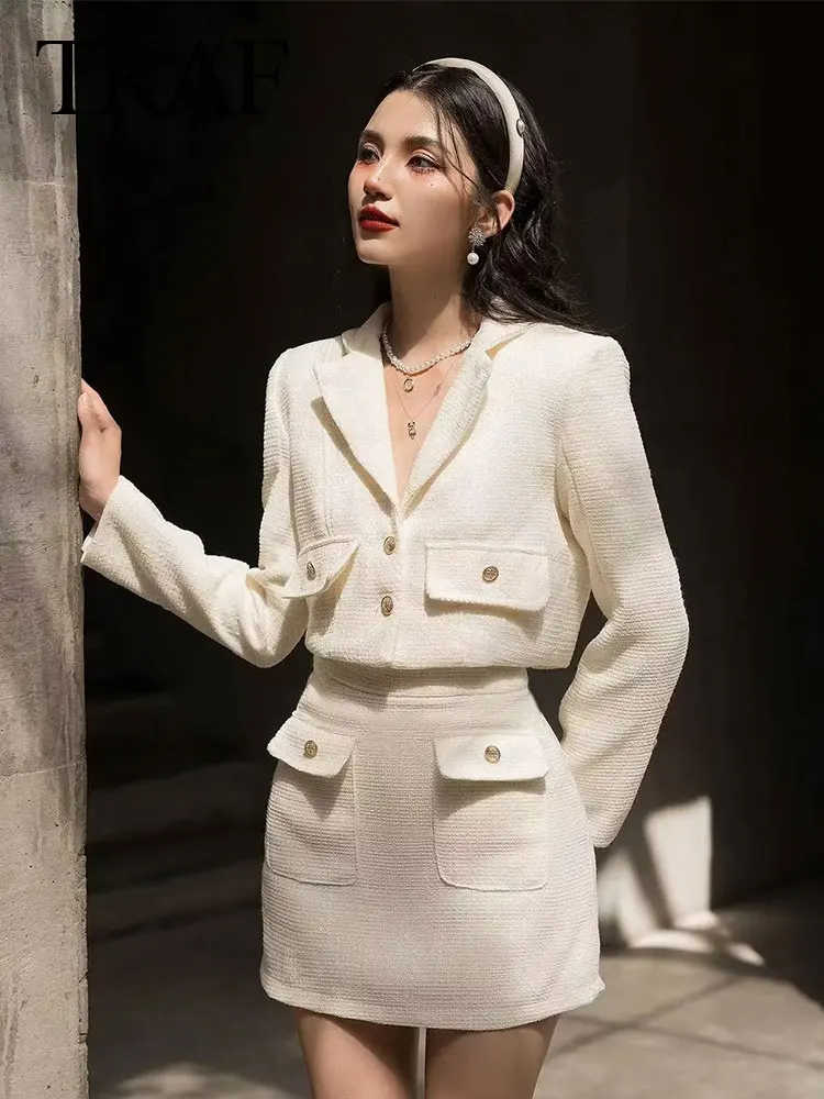 

TRAF Women's Fall Fashion Beige Textured Blazer Set Retro High Waist Button Casual Zipper A-Line Female Beige Mini Skirt Set
