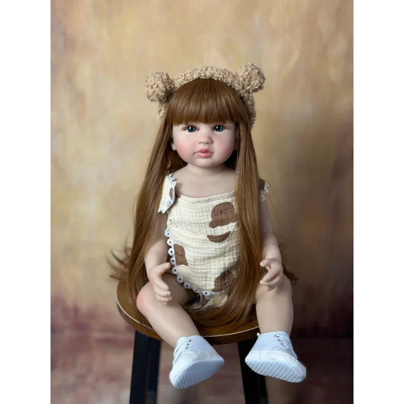 

22Inch Reborn Baby Girl Doll Reborn Dolls Kit Realistic Lifelike 55CM Toy Full Silicone Body Brown Long Hair Toddler