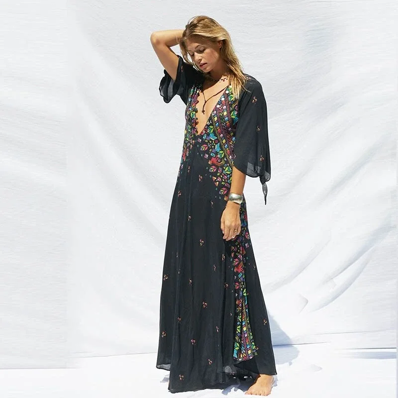 

Bohe Maxi Dress Women V Neck Floral Print Kimono Flare Sleeve Beach 2022 Summer Casual Button Long Loose Robe Femme