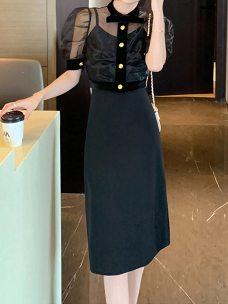 

Брызгающее платье 2022 Весна и лето новый сетчатый топ с рукавами-пузырьками + платье на подтяжках модная женская одежда из двух предметов