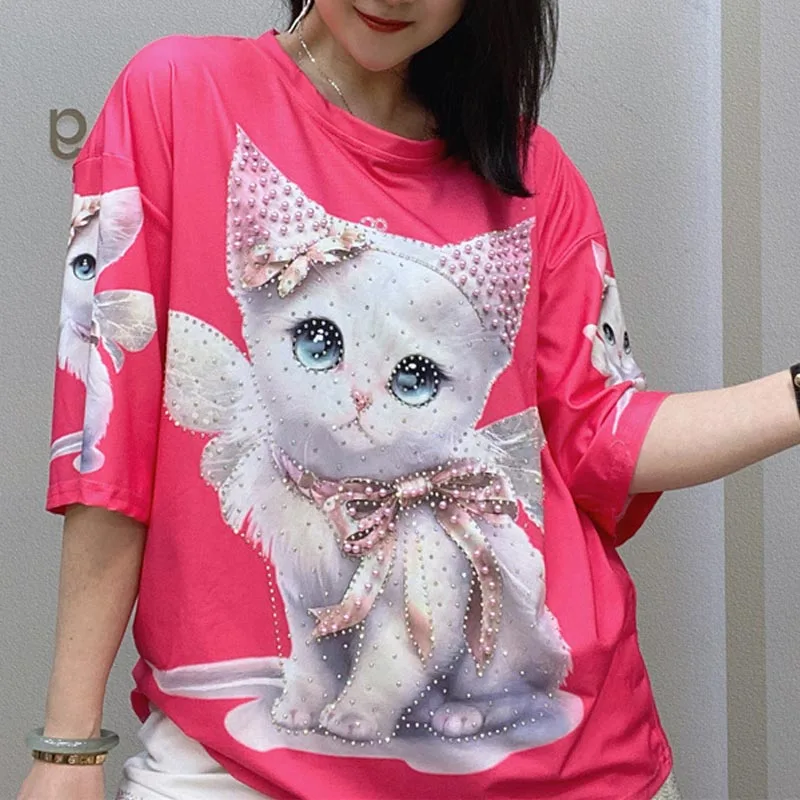 

High Quality Beading Diamonds T-shirt Women's Summer Oversized 3D Printing Cat Pattern White Rose Color Loose Tops Tees SY2565