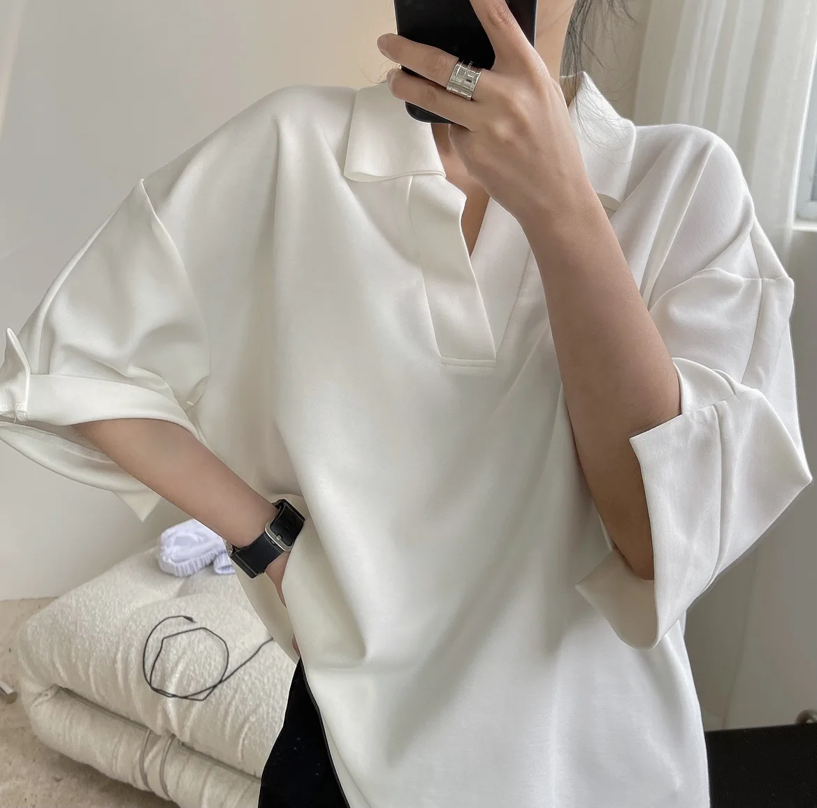 

Женская летняя Однотонная футболка-поло с V-образным вырезом