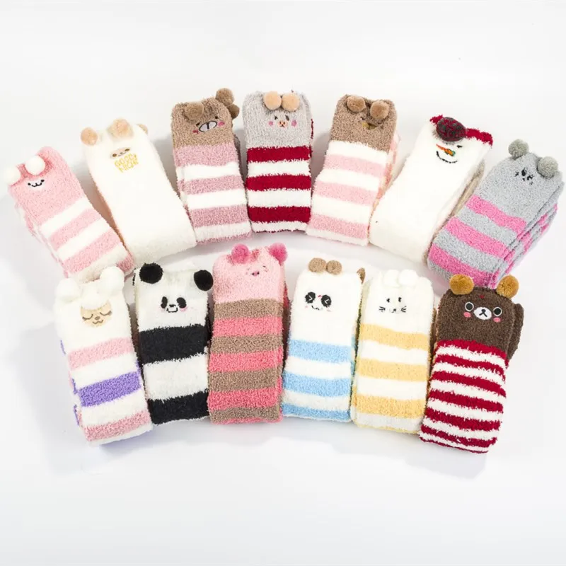 

2.Animal Thermal Modeling Stockings Women Soft Coral Fleece Knee Socks Girls Cute Bows Striped Cozy Female Long Thigh High Socks