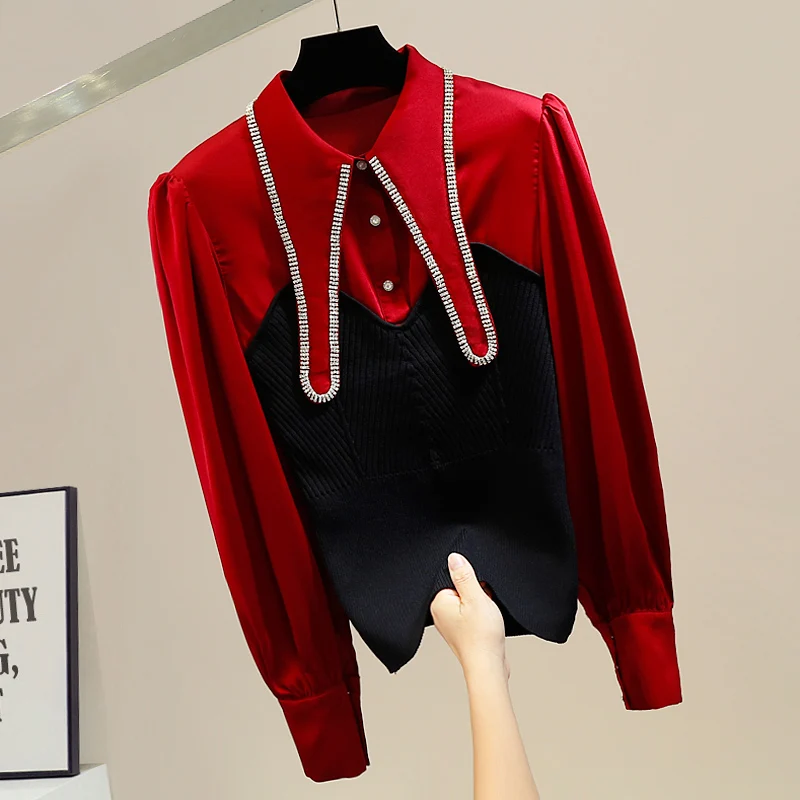 

2022 Fall Winter New Shirts Diamonds Collar Patchwork Knitted Slim Pullover Women Long Sleeve Shirt Female Elegant Blouse Top