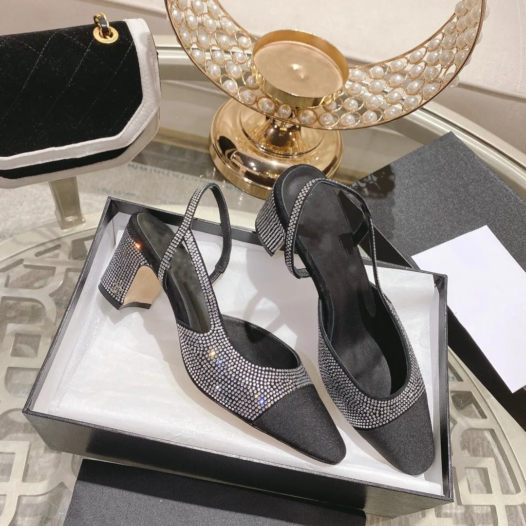 Summer 2023 new sequined toe sandals women's fashion block heel high heel buckle strap fashion round toe women's shoes