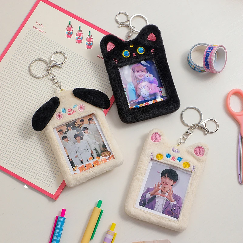 

Kawaii Plush Photocard Holder Rabbit Bear Cat Kpop Idol Photo Card Holder Girl Cute Keychain ID Credit Bank Protector Stationery