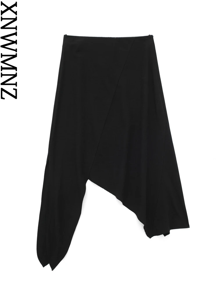 

XNWMNZ 2023 Women Fashion Black Asymmetric Linen Blended Skirt Vacation Style High Waist Side Zipper Female Chic Skirt