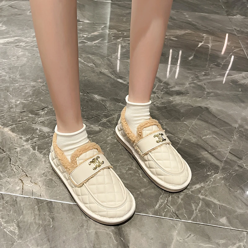 

2022 зимняя кожаная женская обувь со ста плюшевыми теплыми лямками на одной ноге Нескользящая металлическая декоративная повседневная женск...