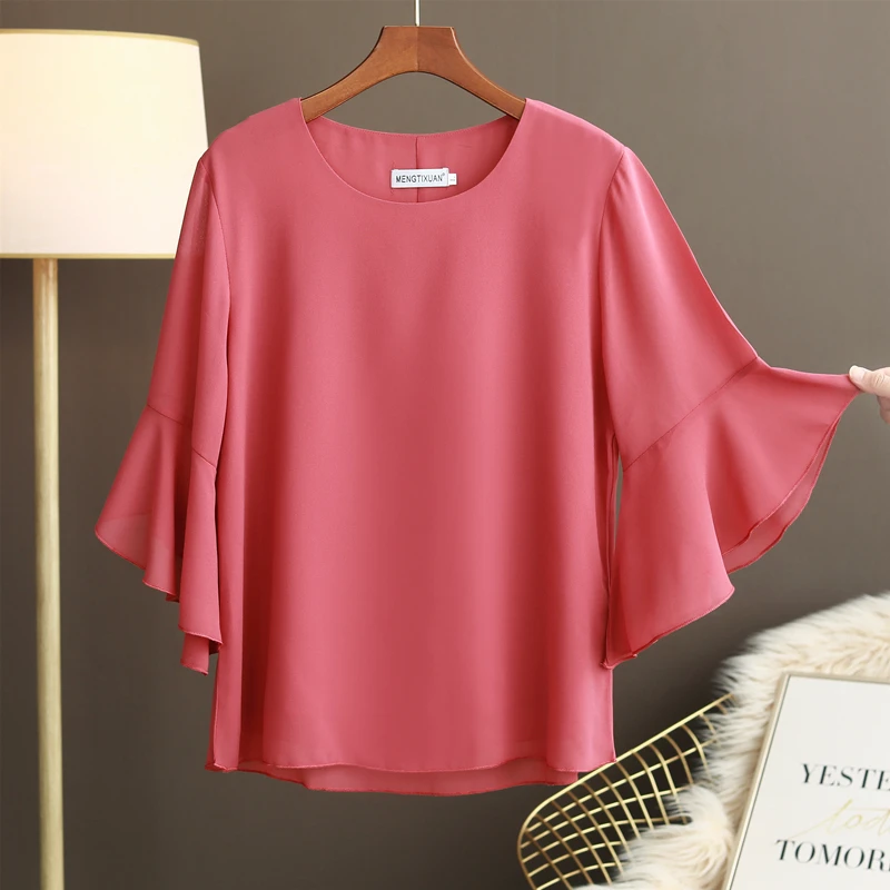 

New Fashion Brand 2022 Top Summer Dress 2022 New Foreign Style Trumpet Sleeves Size Thin Middle-sleeved Chiffon Shirt Women