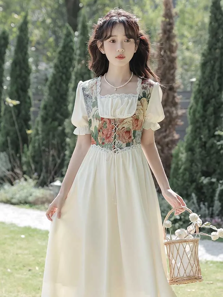 

2023 New Summer Niche Design Sensory Sen Style Tea Break Women's Patchwork Floral Lace Up Waist Up Dress