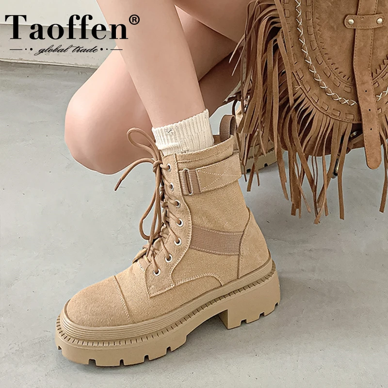 

Taoffen Short Boots Real Leather Shoes For Women Thick Bottom Belt Fashion Ankle Boots Daily Stylish Female Footwear Size 33-40