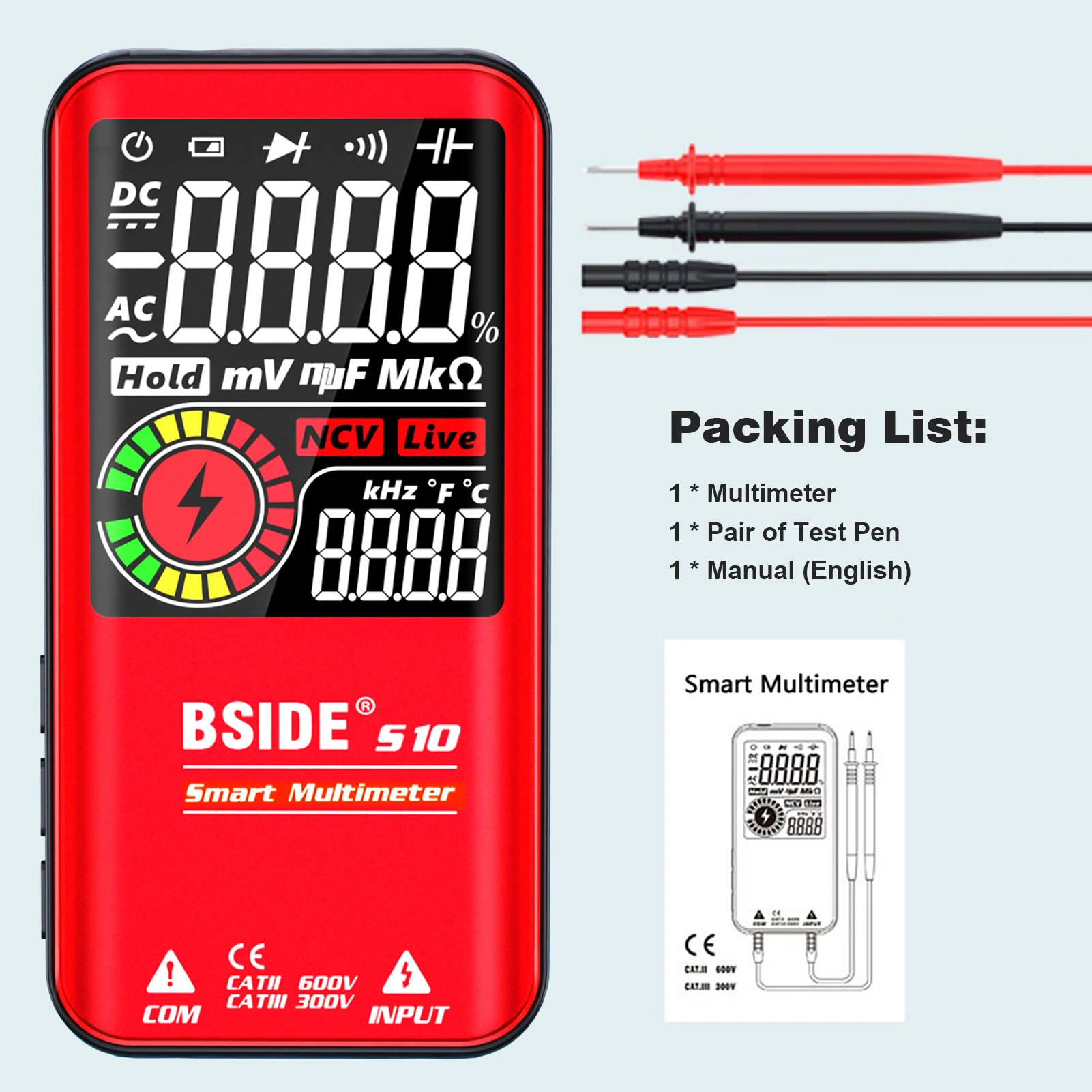 

Мультиметр BSIDE S10, 9999 отсчетов, цифровой вольтметр переменного/постоянного тока, Омметр, тестер сопротивления, емкости, частоты, диода, прове...