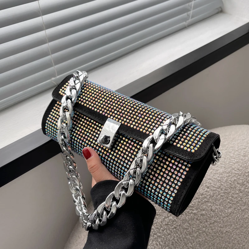 

Women's Underarm Shoulder Bags Thick Chain Tote Bags Diamond Baguette Evening Bags Fashion Designer Ladies Clutch Bags Handbags