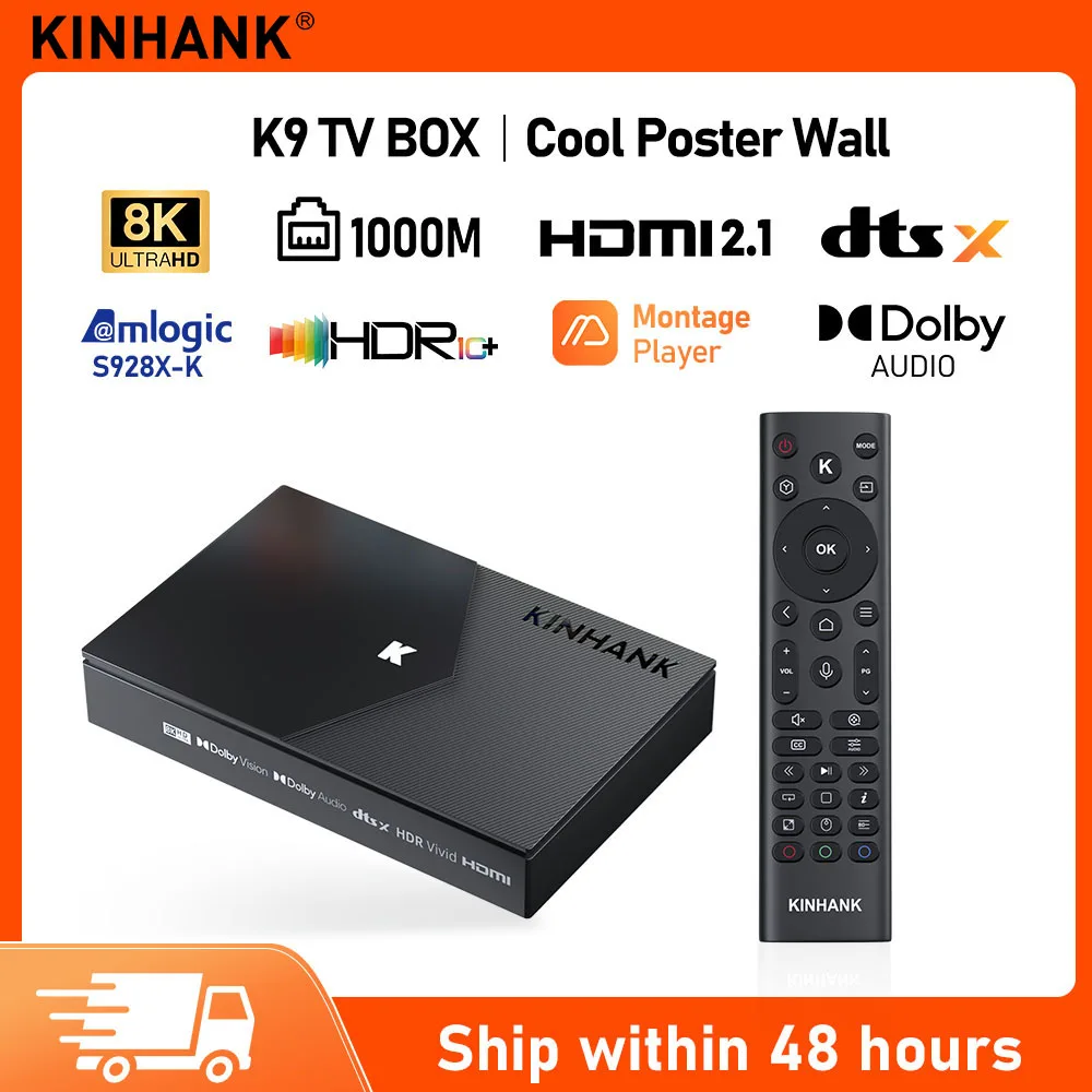 Фото Kinhank K9 Android TV Box 8K при 60 кадров в секунду Amlogic S928X-K Dolby Vision с проигрывателем мониторинга HDMI 2.1 WIFI6 HDR10 + HLG HD телеприставка №1