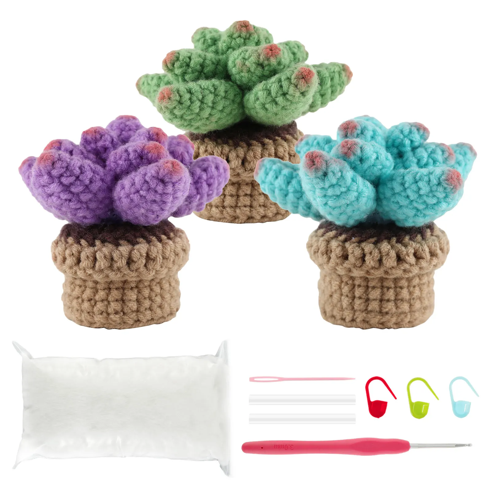 

L 3Pcs Crochet Potted Kit for Beginners Cute Crochet Succulent Kit DIY Potted Plants Craft for Adults Children Complete Crochet