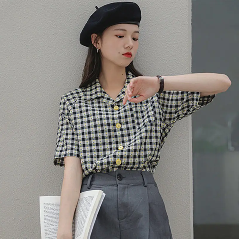 

Женская летняя рубашка с отложным воротником и коротким рукавом, свободного покроя