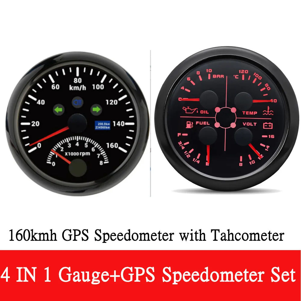 

Изготовленный на заказ 2 манометра 85 мм GPS-спидометр с тахоометром + 4 в 1 Датчик уровня топлива Давление масла Вольтметр температуры воды для автомобиля Лодка 12 В