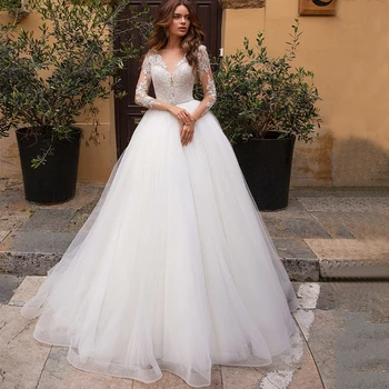 Elegant Bridal Wedding Dresses Upper Body Appliques Long Sleeve Tulle Perspective High Quality Customizable Marring Gowns