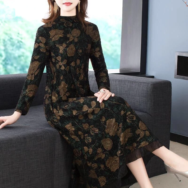 

Casual Fashion Floral Printed Winter Dress Vestidos Elegant Long Sleeve Half High Collar Party Dresses for Women Clothing E792