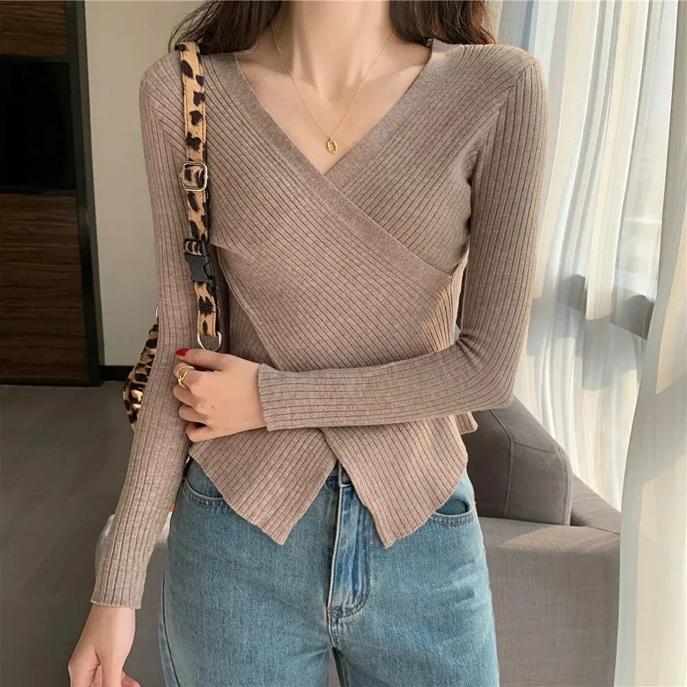 

Sexy 2022 Criss-Cross Deep V-Neck Slim Sweaters Women Autumn Winter New Long Sleeve Pullovers Ribbed Lrregular Hem Knitted Tops