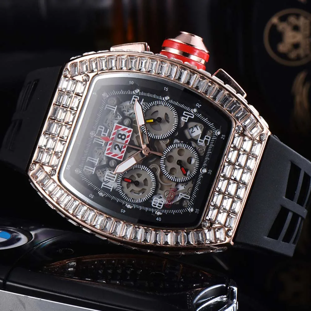 

Top Hip Hop Watches For Mens Multifunction WIth DIamond Tonneau Bling Watch Original Brand Automatic Date Chronograph AAA Clocks