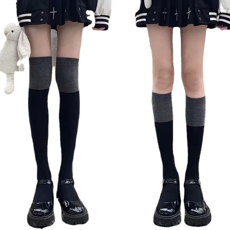 

Женские черные гольфы JK до колен Лолита Лоскутные женские длинные гольфы для девочек Однотонные чулки для женщин