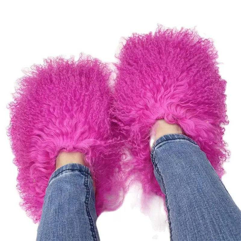 

2022 PDEP fashion fluffy fur slides plush mongolian real long fur slippers