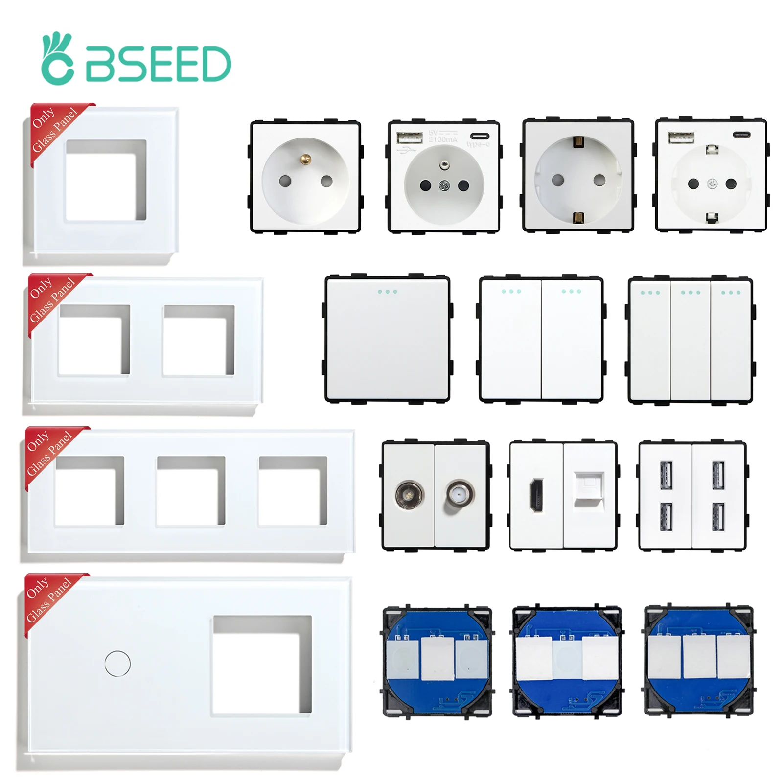 

Bseed Mechanical Button Switch 1/2/3Gang Switch Part Wall Electric Socket DIY Funtion Part Only Glass Frame For Home Decoration